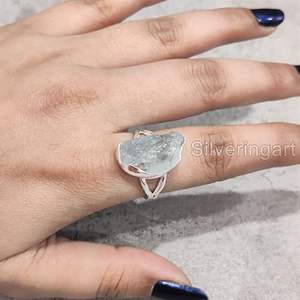 Anillo de Plata de Ley 925 con Aguamarina Natural, Piedra de Nacimiento de Marzo, Martillado, Hecho a Mano, para Cumpleaños, Navidad - Product Image 3
