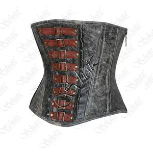 High quality Genuine Leather 3 LayerUnderbust Corset Belt Cincher Lace-up Underbust Corset 20 Steel Plate Sexy Court Corset