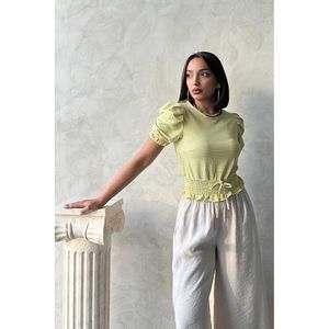 Blusa a Cuadros con Cintura Fruncida en Color Verde Pistacho para Mujer de Topshow - Elegante Blusa Casual de Algodón y Poliéster - Product Image 1