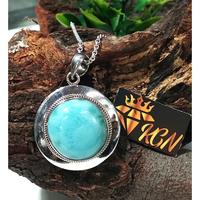 Magnifique pendentif en larimar rond, charmant, en pierre précieuse, chaîne en argent sterling 925, collier pour soirée, pendentif en argent tendance