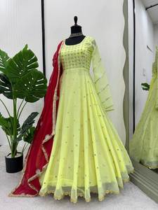 Robe Maxi à Manches Longues pour Été Confort Longue Longueur Vert Clair Couleur Anarkali Style Faux Georgette Broderie Miroir Travail - Product Image 5
