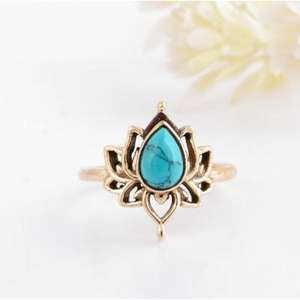 Bague en laiton fait main avec pierre précieuse turquoise lotus sertie clos, bijou de luxe pour femme, cadeau idéal pour mariage, fête, anniversaire - Product Image 3