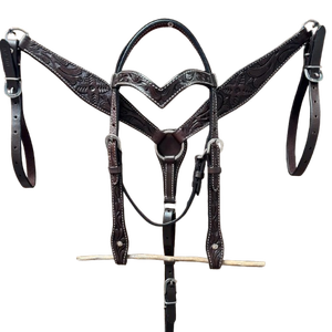 Ensemble de harnais en cuir huilé foncé à motifs floraux pour tête de cheval et collier de poitrail, tailles pleine et cob - Product Image 4