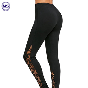 Fashion Women's Trousers Elastic High Waist <b>Leggings</b> <b>Black</b> Solid Color Hollow Out Lace Hem Pants Casual Wear Custom Gym Wear - Product Image 5