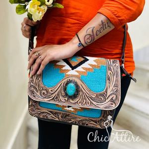 Newest Hand Tooled Leather Crossbody Bag Saddle <b>Blanket</b> Purse Western Women Handbag Vintage Turquoise Aztec Carpet Cowgirl Purse - Product Image 1