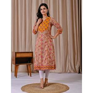 <b>Beige</b> Block-Printed Cotton Jaal Straight Kurti Breathable Woven Fabric 100% Cotton Material - Product Image 5