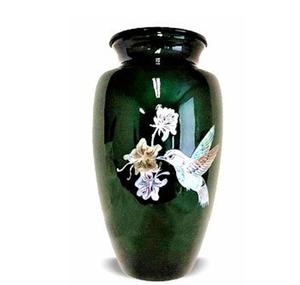 Urne de crémation en nacre incrustée de cendres adultes faites de morceaux de MOP formant un colibri sur fond vert brillant - Product Image 6