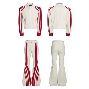 Conjunto Deportivo Unisex, Chaqueta Bomber a Rayas y Pantalones Acampanados, Cierre de Cremallera, Corte Holgado, Ropa de Primavera - Product Image 2
