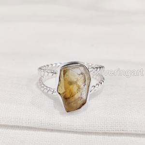 Bijoux en pierre brute bague pour femme pierre précieuse citrine brute naturelle novembre pierre de naissance torsadée bijoux bague en argent Sterling 925 - Product Image 1
