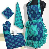 Dernière vente en gros ensemble de tabliers de cuisine à usage domestique en coton imprimé multicolore avec mitaine de four à résistance à la chaleur, porte-pot et serviette