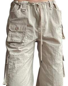 Pantalon cargo beige pour femme, taille haute, jambe large, pantalon utilitaire, streetwear, coupe ample, multi-poches, pantalon décontracté tendance - Product Image 4