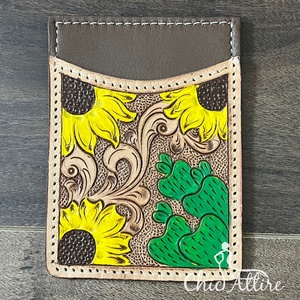 Portefeuille porte-cartes en cuir de vache à motif de tournesol tendance, style occidental, cuir travaillé à la main, RFID fin, porte-cartes de crédit pour unisexe - Product Image 1