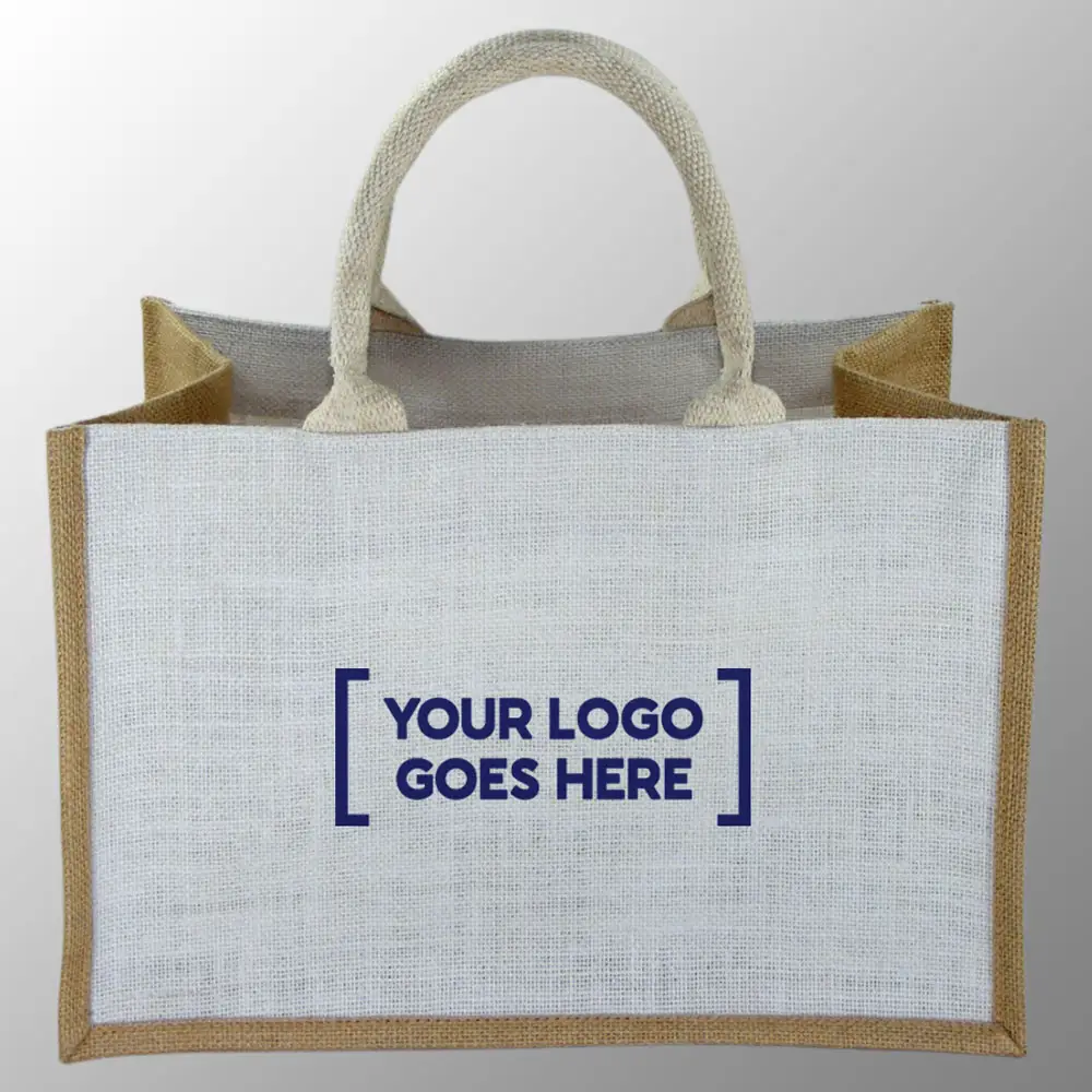 ジュートマーケティングバッグあなたのロゴやアートワークで染められた天然ジュート生地のカスタムプリントから作られた黄麻布のショッピングバッグ