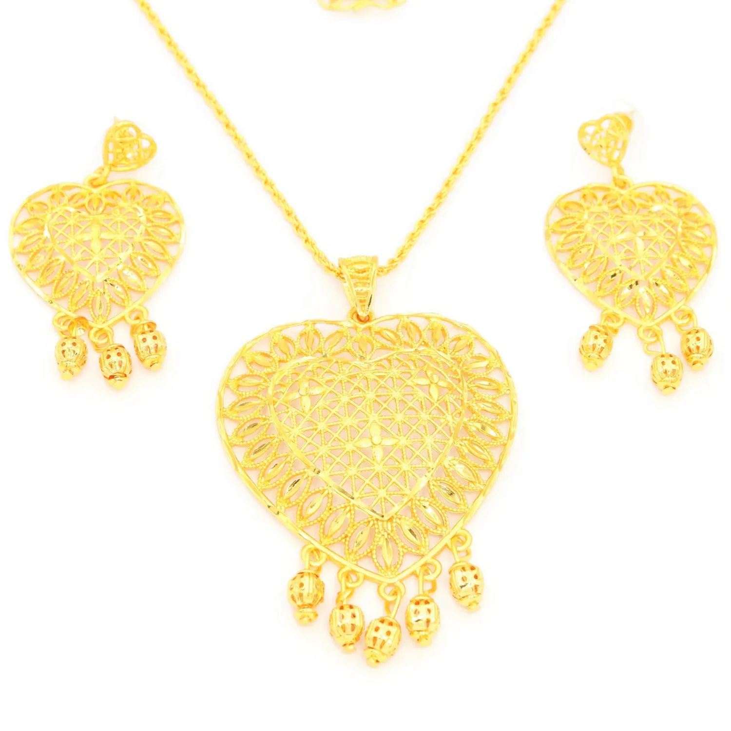 Women'S Fashion Heart Shape Leaf Flower Heart Design Chain Pendant Gold Plated Luxury Pendant Necklace Earring Set