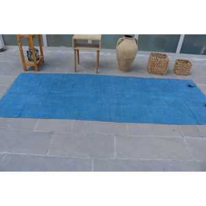 Alfombra Turca de 3.8x9.6 pies, Alfombra Vintage, Alfombra Ikat Azul y Blanca - Product Image 3
