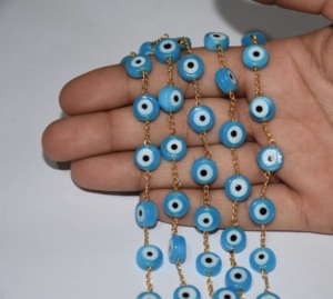 Chaîne de chapelet en perles œil de turquoise, fil plaqué or, faite à la main, pour la fabrication de bijoux - Product Image 2