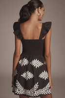 Robe Courte Noire à Manches Bouffantes pour Femme avec Broderie Florale Blanche en Coton, Style Doux, Fentes Naturelles, Broderie Machine