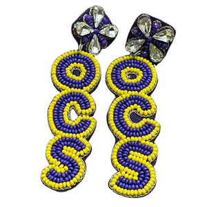 Boucles d'oreilles créoles brodées pour femme, en perles de verre, motif Mardi Gras, violet, jaune et vert, tendance - Product Image 5