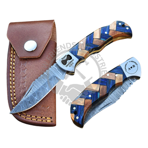 Handmade Damascus Steel Back <b>Lock</b> Pocket Knife Blue Olive <b>Wood</b> Handle DIY Sharp Edge Leather Sheath Personalized Folding Knife - Product Image 4