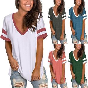 Camiseta básica de mujer para primavera y verano, estilo europeo y estadounidense, de color sólido, con cuello en V, manga corta y corte holgado. - Product Image 1