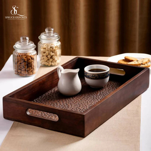 Plato de bandeja con patrón de martillo de madera para servir con asas, tablero de nuevo estilo para uso doméstico en Hotel para Ramadán, boda, Diwali - Product Image 5