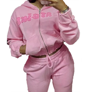 Kuzan ชุดวอร์มมีฮู้ดแบบรูดซิปสำหรับผู้หญิงชุดครอปปักลาย - Product Image 1