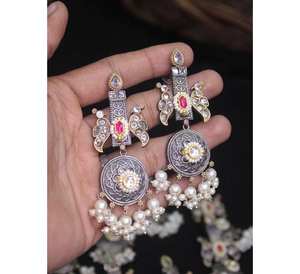 Base de latón plateado Monalisa piedra con Pachi Fusion pendientes colgantes de doble tono conjunto de pendientes de boda y Aniversario - Product Image 1