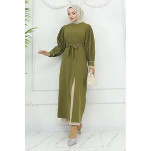 Conjunto Casual Haki MSW19239-2 con Cuello Redondo, Manga Larga, 100% Poliéster, Top Largo Desgarrado con Top de Longitud Midi, Elegante - Product Image 3