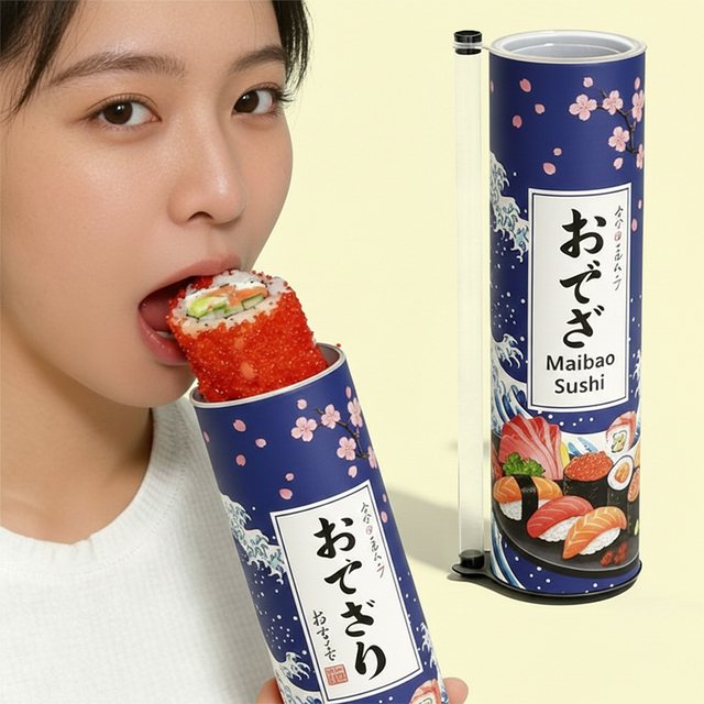 Custom Sushi Takeaway Paper Tube Box with Aluminum Foil Lining Push up Bottom and Independent Sauce Stick