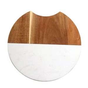 Acacia Wood with White Marble Accent Lazy Susan Serving Tray Spice and Mat and Pads For <b>Table</b> Decoration - Product Image 2