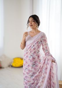 Soft Light Weight Beautiful Floral Printed Silk <b>Satin</b> <b>Saree</b> with Elegant Style for Party and All Events - Product Image 6