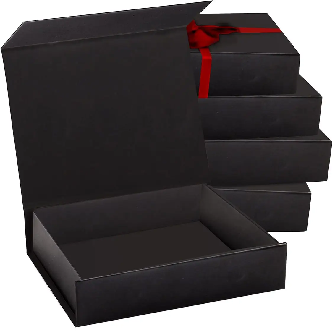 Caixa de presente dura preta com tampa magnética 7 "x 5" x 1,6 "do fechamento caixas do retângulo para presentes com revestimento lustroso preto