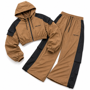 ONE APEX <b>Women's</b> Camel <b>Brown</b> Cropped Hooded Windbreaker <b>Tracksuit</b> Waterproof Zipper Jacket Wide Leg Pants Set High Street Style - Product Image 4