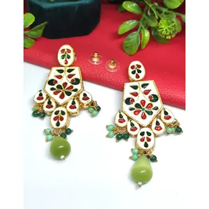 Pendientes de Oro de 22K con Baño de Plata, Piedra Verde Menta Monalisa, Meenakari, Kundan, Joyería Cultural Coleccionable - Product Image 2