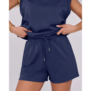 Conjunto de Dos Piezas para Mujer, Estilo Casual Holgado, Color Sólido, 100% Algodón, Camiseta de Cuello Redondo Extra Grande y Pantalones Cortos - Product Image 2