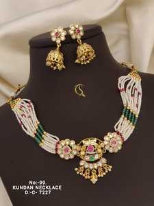 Traditional Kundan <b>Necklace</b> Set with Floral Motif Multistrand Pearl Beads & Jhumka Earrings for Festive & Bridal Wear - Product Image 2