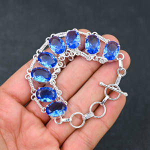 Designer Lab Créé Topaze Bleue Bracelet de Pierres Précieuses Plaqué Argent Sterling Fait à la Main Chaîne Style Luxe Bijoux de Mariage 7-8 Pouces - Product Image 3