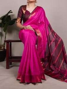 Vêtements de mariage indiens en coton poly, collection de saris avec travail de tissage zari, prix bas et meilleure qualité, saris pour les fêtes - Product Image 6