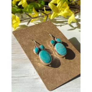 Navajo Handmade Kingman Turquoise & Sterling <b>Silver</b> Drop <b>Earrings</b> Leaf <b>Dangle</b> Design - Product Image 2