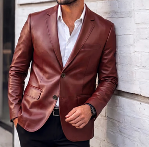 Blazer de Cuero PU para Hombre, Corte Entallado, Un Solo Botón, Cuello Camisero, Estilo Casual Elegante, Color Sólido, Modelo 2027 - Product Image 1