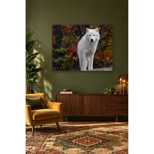 Impression sur toile de loup blanc Fida dans une forêt d'automne rouge - Product Image 2
