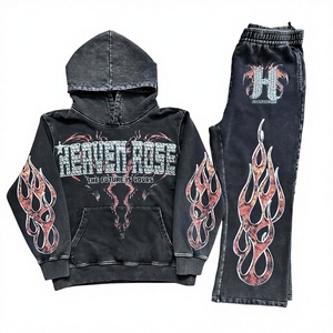Custom Men’s Oversized Cotton Tracksuit Winter Acid Wash Rhinestone Zip Hoodie & Jogger Set Streetwear OEM Wholesale - Product Image 1