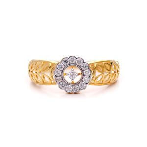 แหวนหมั้นลายใบไม้สีทอง |   แหวนผู้หญิงดีไซน์เถาวัลย์โปร่งประดับเพชร CZ แบบสามแถว - Product Image 1