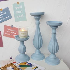 Vintage Style Rustic Scandinavian Candlestick Holder Colorful Handmade French Farmhouse Home Decor Set of 3 <b>Colour</b> Baby Blue - Product Image 6