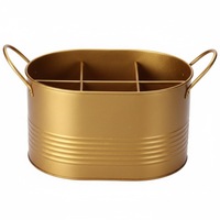 Porte-Couverts en Métal Finition Cuivre Antique avec Poignée en Bois de Mangue 4 Compartiments pour la Décoration de la Table à Manger de la Cuisine