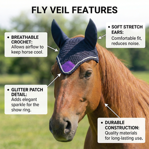Velo antimoscas para caballo de ganchillo negro con detalles morados y ribete de cuerda plateada, suave, de alta calidad, cómodo, con cubre orejas, gorro ecuestre hecho a mano - Product Image 2