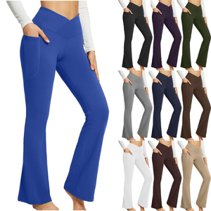 Pantalon évasé taille haute pour femme, couleur unie, coupe ample, longueur complète, pantalon de yoga avec poches, style décontracté, vêtements de printemps - Product Image 1
