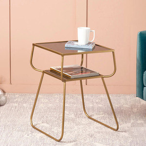 Venta al por mayor de mesa de almacenamiento portátil de 2 niveles con Base de Metal, diseño de granja moderno, muebles pequeños para el hogar, mesa auxiliar promocional barata - Product Image 1