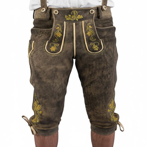 Pantalon en cuir allemand authentique pour homme, à carreaux, taille mi-haute, respirant, en cuir de cerf bavarois, longueur genou - Product Image 1