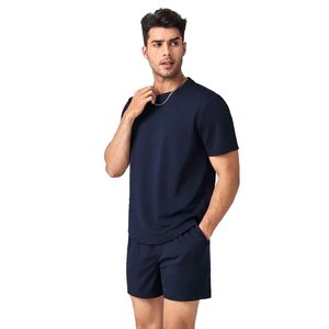 Men's Navy Cotton T-Shirt and Shorts Set Crew Neck Solid Color Casual Summer Wear Breathable Knitted Fabric - Product Image 6